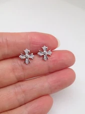 925 Sterling Silver Cz Cross Stud Earrings Men Women 9.5mm Small Tiny
