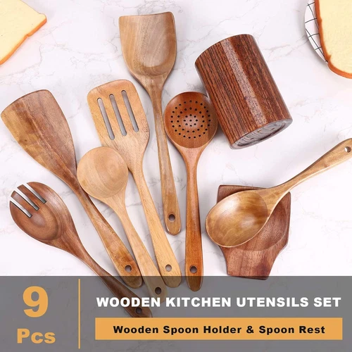 9PCS Wooden Utensils Set For Kitchen Handmade Natural Teak Wooden Cooking Spoons - Picture 4 of 12
