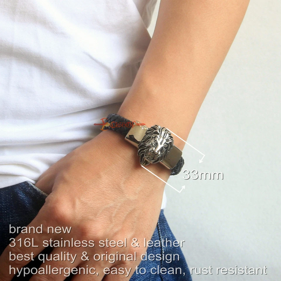 Pulseira masculina de couro genuíno preta cabeça de leão de aço inoxidável pesado motociclista - Imagem 2 de 4