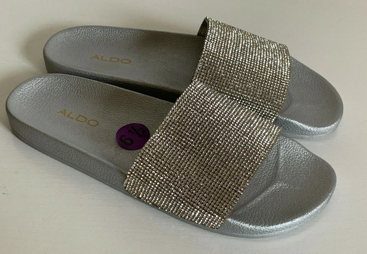 NEW ALDO MONTAGNE SILVER SHIMMER SLIP ON SLIDES FLIP FLOPS