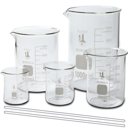 Glass Beaker Set w/ 2 Glass Stirring Rods, 5 Sizes 50, 100, 250, 500