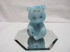 FENTON ART GLASS VINTAGE  BLUE SATIN SITTING BEAR FIGURINE HP FLORALS