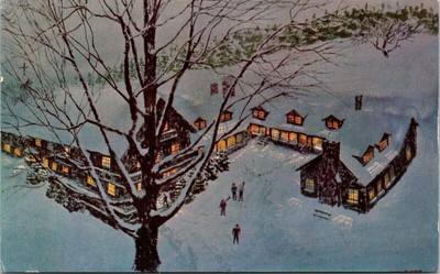 Trapp Family Lodge Moonlit Winter Night Birds Eye View Snow Log Cabin Postcard