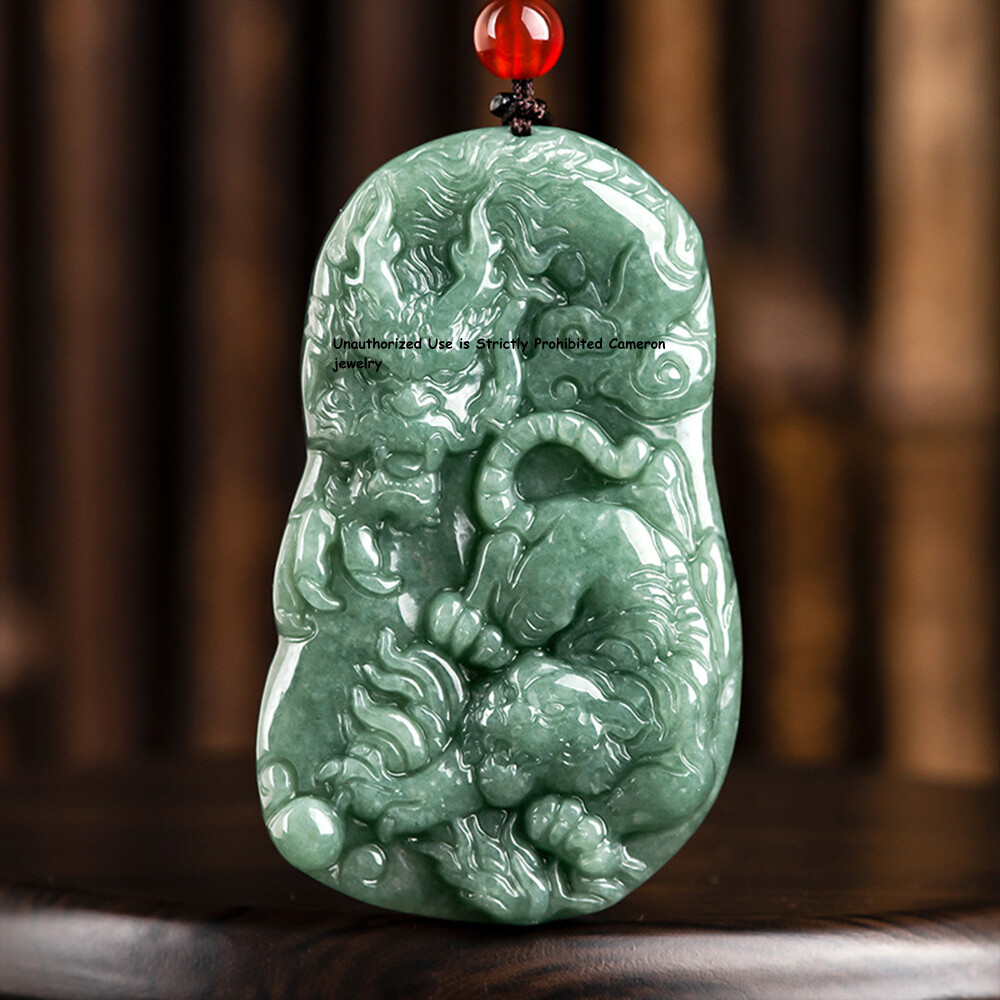 Natural Grade A Jadeite Dragon Tiger Pendant Green Jade Oblong