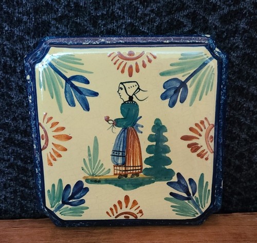 Vintage Quimper Breton France HB 4 Footed Trivet Ceramic Square Hot Pad READ