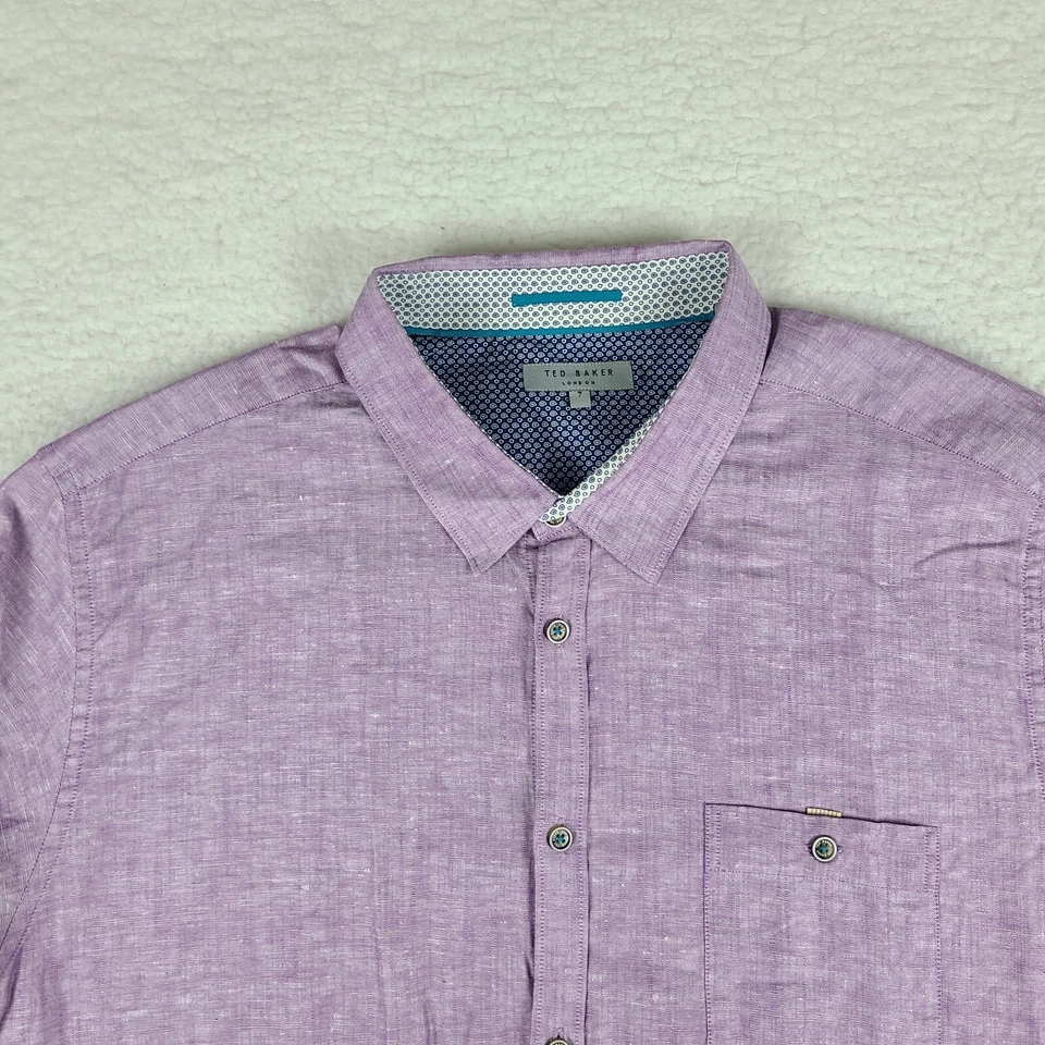 Camisa Ted Baker Para Hombres 7 Púrpura Lino Mezcla Algodón Vestido Abotonado Foto 4 de 4