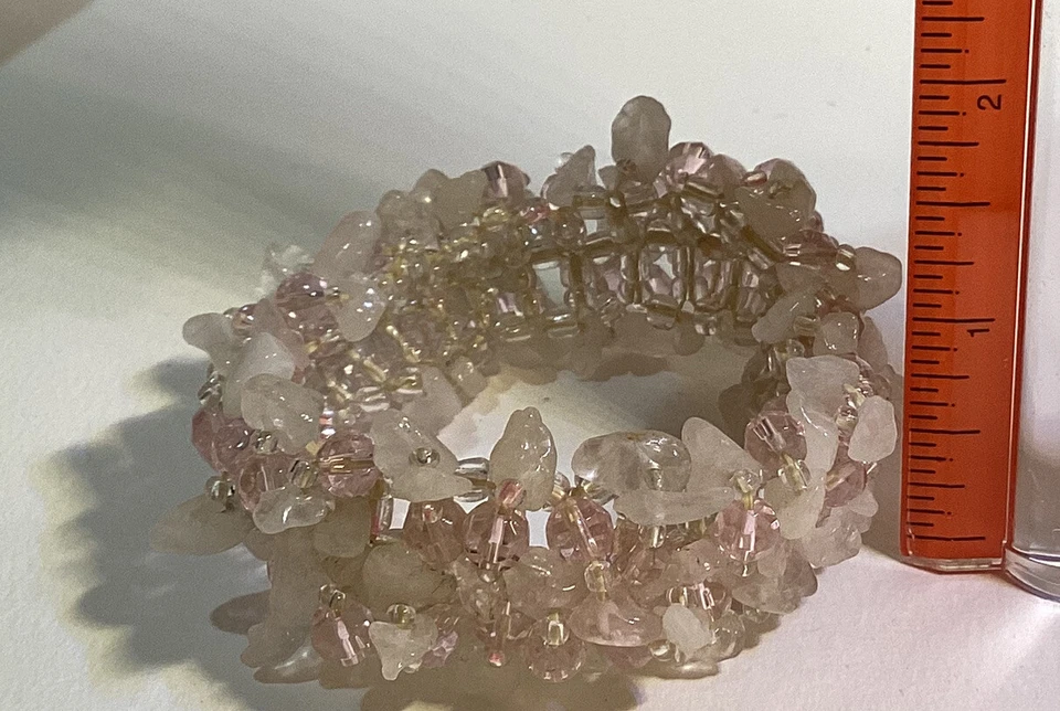 "Pulsera tejida vintage de cuarzo rosa y cuentas de vidrio facetado rosa de 1""" Foto 4 de 4