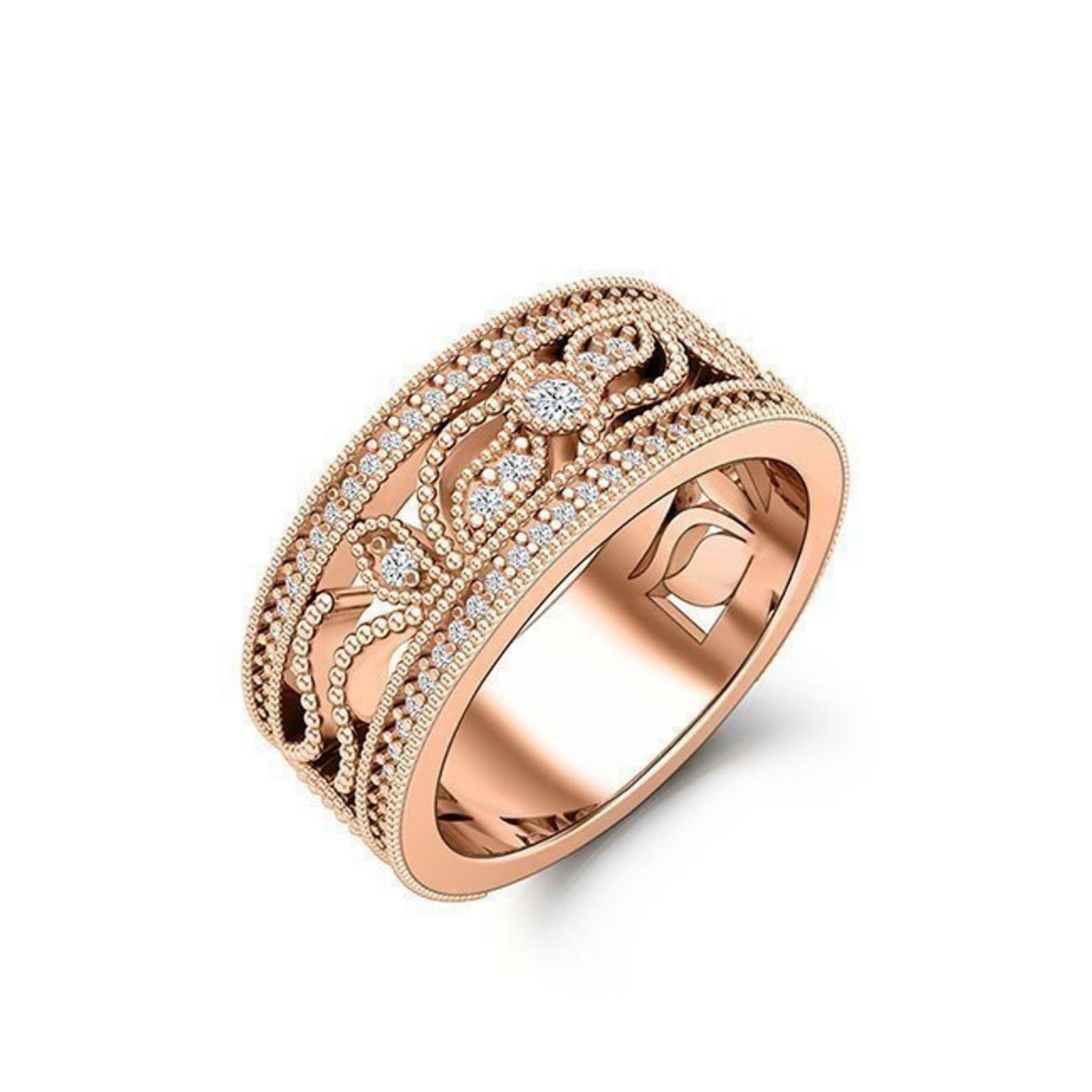 Filigree Milgrain Wide Leaf Wedding Band 2ct Simulated Diamond Rose Gold Plated