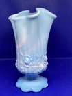VINTAGE FENTON CABBAGE ROSE BLUE SLAG GLASS HANDKERCHIEF SWUNG VASE RARE