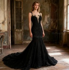 Vintage Black Lace Mermaid Wedding Dress Gothic Bridal Gowns Illusion Champagne