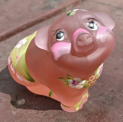 Vintage Fenton Glass Bikini Pig Pink Satin Hand Painted D. Robinson READ