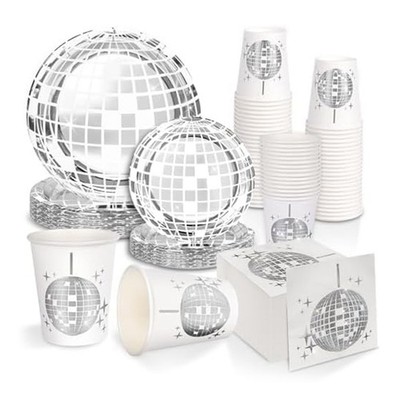 Disco Party Zubehör Geschirr Set Disco Speiseteller Serviettengabel Disco9544