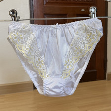 Vintage White Polyester Panty Sheer Nylon Floral Lace Bikini Hi Cut Brief Sz.7/L