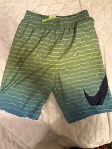 BOYS Large NIKE Green Midnight Navy SHARK STRIPE BREAKER 8" VOLLEY SWIM SHORTS