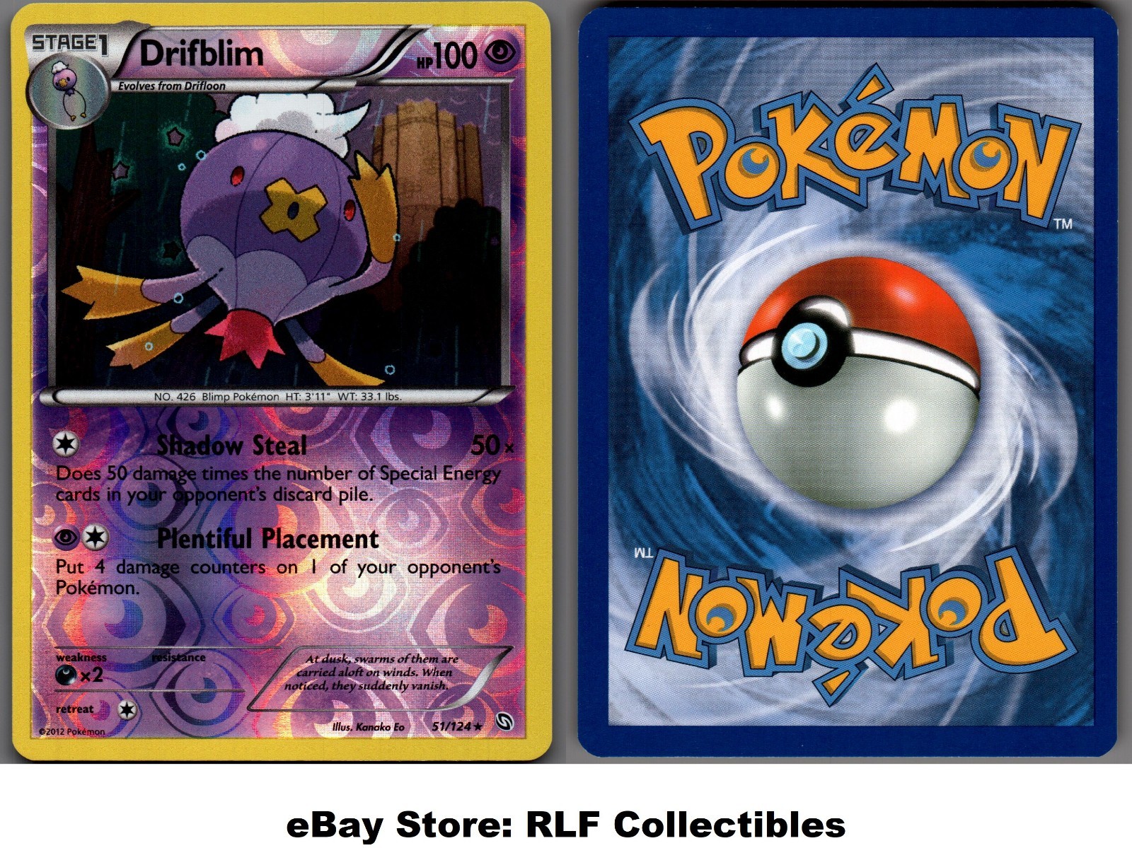 2012 Pokemon, B&W Dragons Exalted, #51/124 Drifblim, Reverse Holo Rare