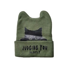 NWOT Cat Ear Beanie Hat Olive Green Judging You Silently Knit Cuffed Funny