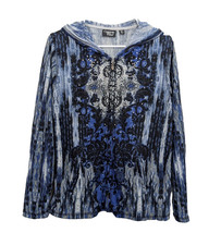 Onque Casual Womens XL Hoodie Blue Rhinestone Embellished Hooded Full Zip Jacket