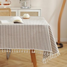 Meioro Rectangle Striped Tassels Tablecloth Cotton Blend Stain Wrinkle Resist