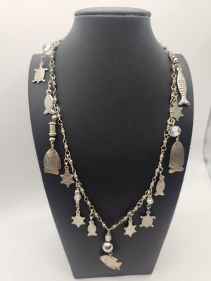 Vintage Artisan Fish Turtle Charm Necklace Wire Wrapped Silver Tone Nautical 30''