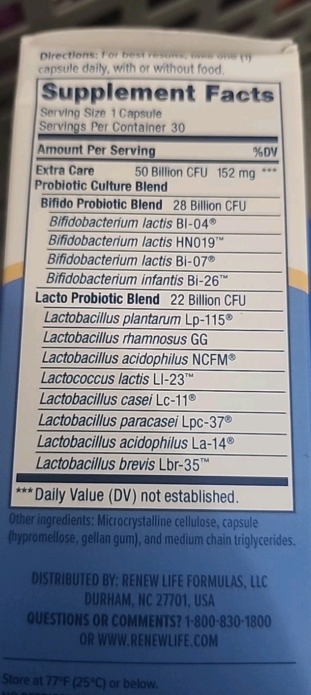 Renew Life EXTRA CARE 50 Billion CFU Digestive Probiotic  30 capsule 10/2025