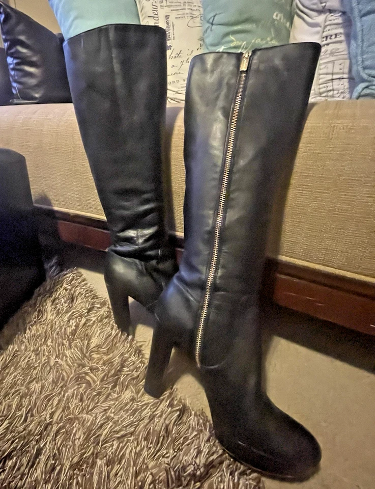 Michael Michael Kors Mujer’s Plataforma Botas Altas Tacón Bloque Cuero Negro Talla 9 Foto 2 de 4