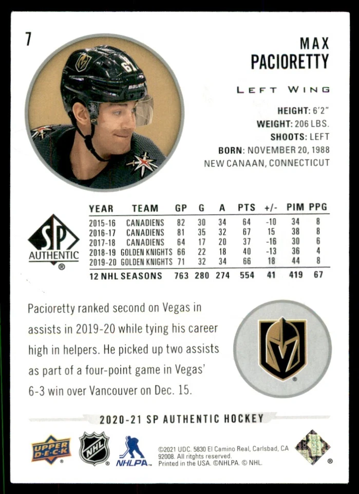 2020-21 SP Authentic Max Pacioretty #7 - Image 2 of 2