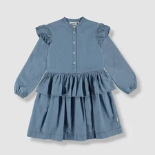$90 Molo Kid's Girl's Blue Carisma Ruffle Trim Denim Dress Size 11-12