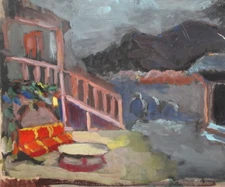 Vintage expressionist landscape gouache painting