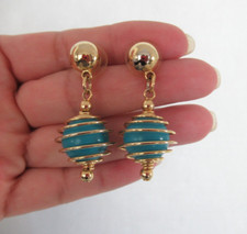 New Faux Turquoise Bead Spiral Dangle Pierced Earrings 1.75" Long Gold Tone