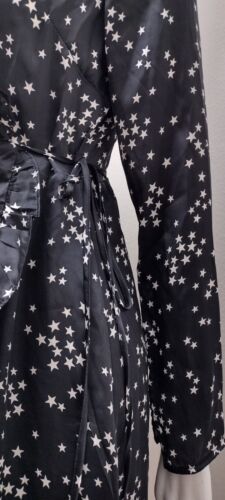 Sexy Black Satin Wrap Dress Xs Cotton Candy Shiny Long Sleeve White Stars Print - Picture 12 of 21