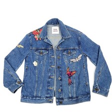 Little Moon Womens Denim Jacket Xs Blue Bird Flowers Embroidered Oversized