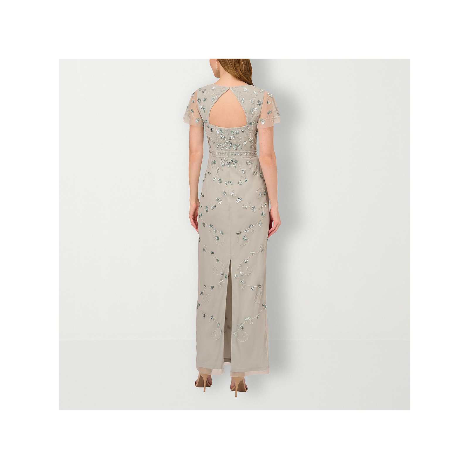 Papell Boutique Short Sleeve Beaded Evening Gown FROSTED SAGE 14