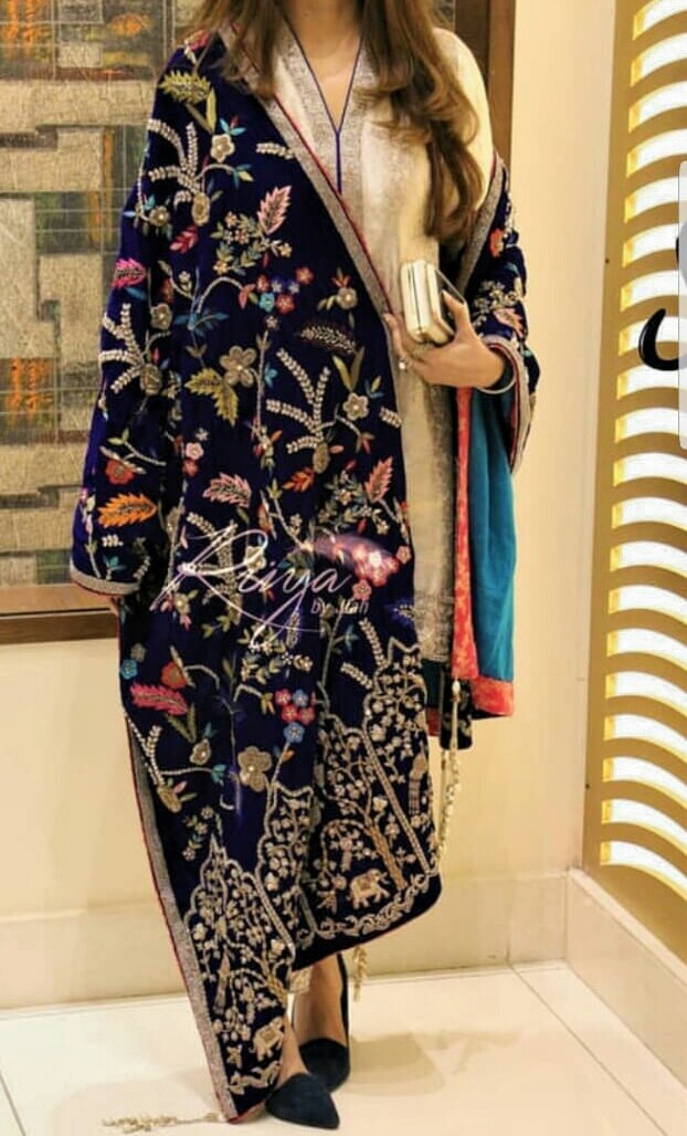 Pakistani Nishat Velvet Shawl Indian Wedding Bridal Winter Scarf Shawls  Blue | eBay