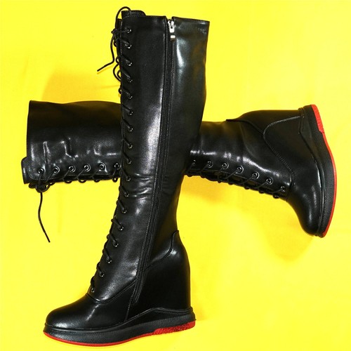 Thigh High Fashion Sneakers Women's Lace Up Leather Wedge High Heels Snow Boots - Picture 14 of 47
