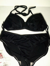 Vtg 80s Bikini 2 Piece Black NWOT Sz 12 Lined Gathered Top Hook Back Tie Neck