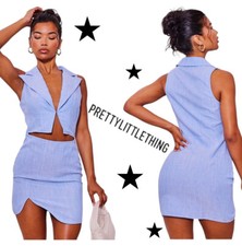 nwt Pretty Little Thing | Blue Linen Vest Style Cut Out Bodycon Dress Size 10