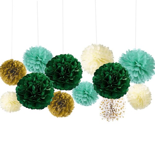 Paper Pom Poms Green Gradient White Gold Dot Tissue 12 Pcs Party Decor