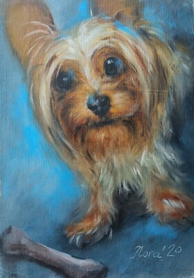 Original niedlicher Yorkshire Terrier Hund Portrait Ölgemälde ungespannte Leinwand