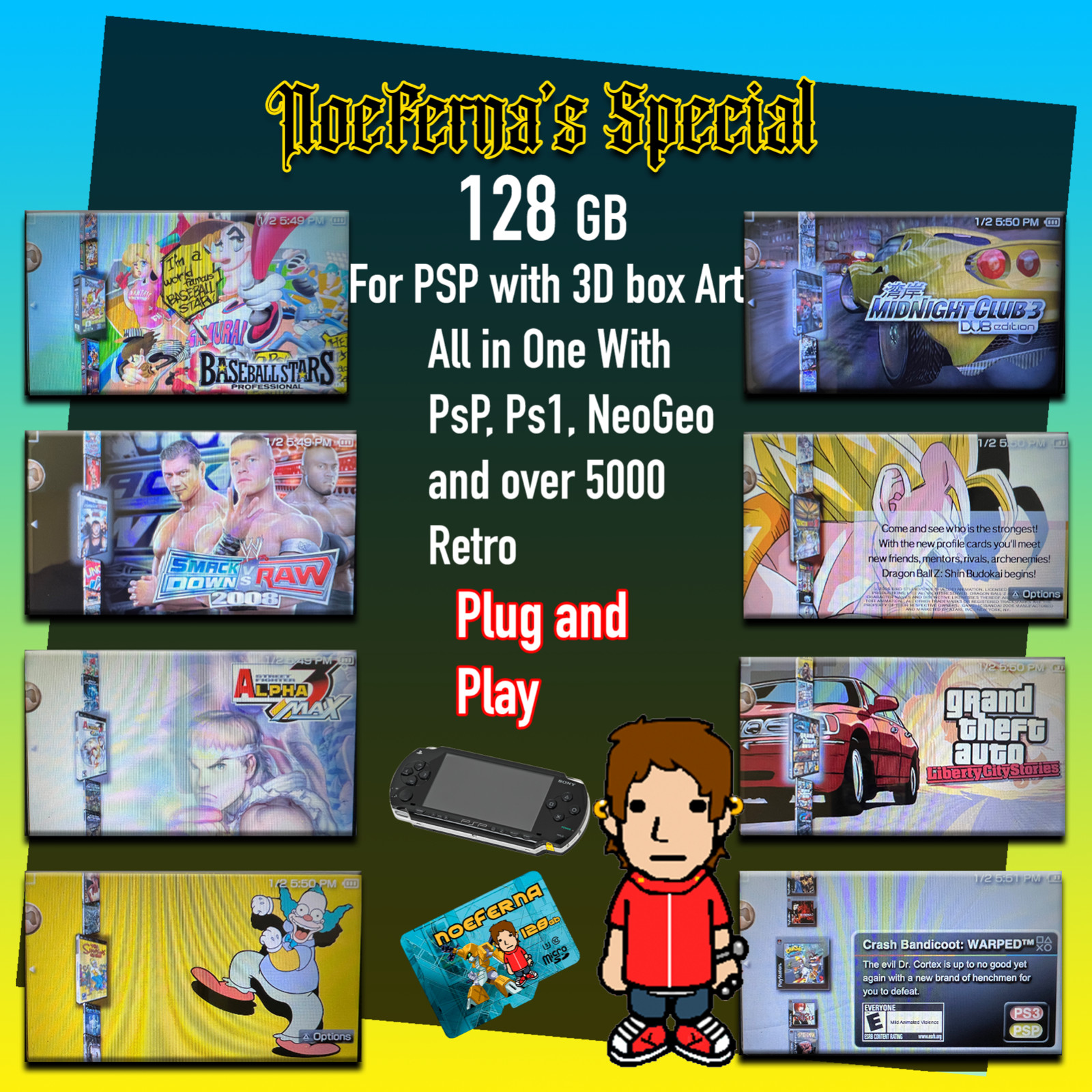 all in one 128 gb Micro SD 3D box art + pro duo adapter for Psp 1000/2000/3000