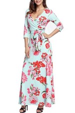 Light Green  Pink Floral Wrap 3/4 Sleeve Maxi Dress