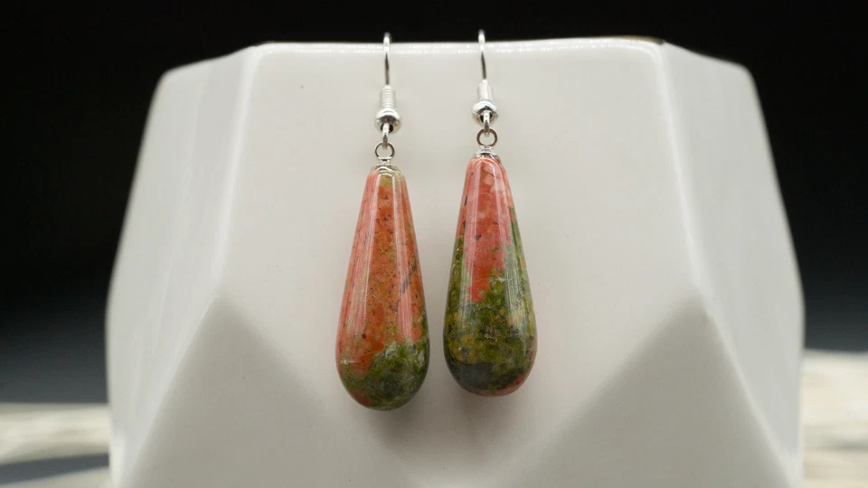 Unakite Natural Crystal Earrings Gemstone Silver Teardrop Jewelry Womens Gift - Image 3 of 4