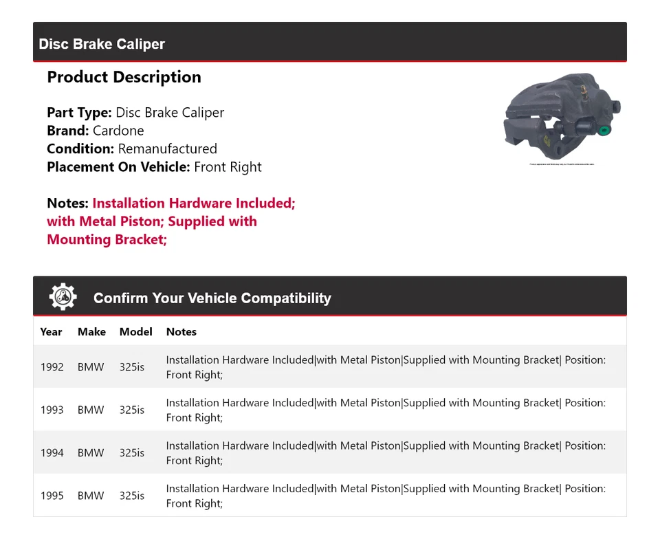 Pinza de freno de disco delantera derecha cardone 1993 1994 para BMW 325is 1992-1995 Foto 2 de 4