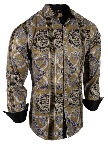 Mens Shirt Italian Floral Lion Print Gold Stripe Overlay Stretch Slim Fit Button - Picture 9 of 9