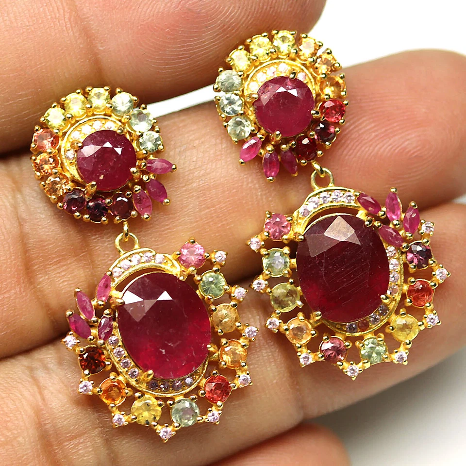 925 Sterling Silver Red Ruby & Fancy Coloe Sapphire Earrings Mother's Day - Image 2 of 4