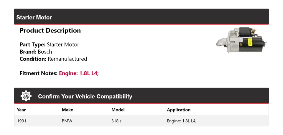 适用于 1991 年宝马 318is 1.8L L4 博世起动器(重新制造) — 第 2/4 张图片