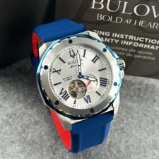 Bulova Marine Star 98A225 Automatic Men's Watch White Dial Blue Rubber Strap