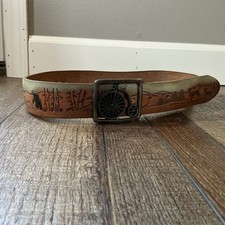 VINTAGE Tooled Leather Belt Western Wildlife Scene Penny Farthing Buckle 36-43