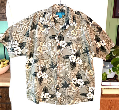 VTG MEN'S PARADISE FOUND GREEN UKULELE FLORAL SILK BLEND HAWAIIAN SHIRT SIZE XL