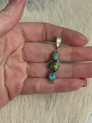 Sterling Silver Blue Green Sonoran Gold Turquoise 3 Stone Pendant 925 Stamp Bail