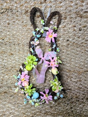 Easter Bunny Shaped Holiday Wreath with Eggs & Satin Ribbon Bow Door Decor 19''